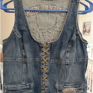 Harley Davidson Women’s Med blue Jean top with zip side and leather lace